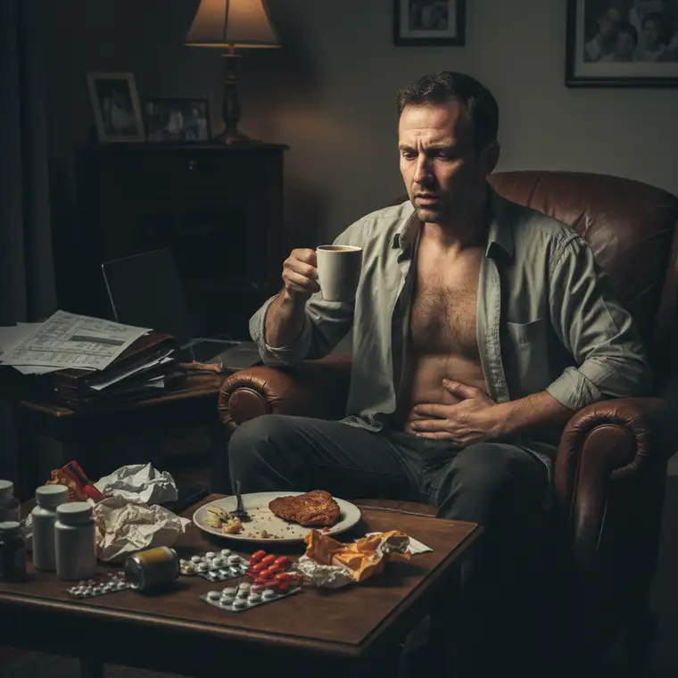 Objawy przeciążonej wątroby u 40-latka przedstawione na ilustracji męskiej sylwetki z zaznaczoną wątrobą i dolegliwościami