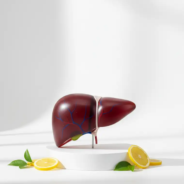 Mężczyzna po 40 analizuje objawy przeciążonej wątroby, trzyma się za prawy bok i czyta o sygnałach alarmowych wątroby