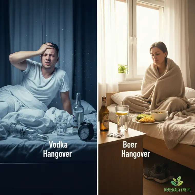 Mężczyzna z silnym kacem siedzi przy łóżku, trzyma głowę po wypiciu wódki i piwa, wizualizacja różnic w objawach kaca