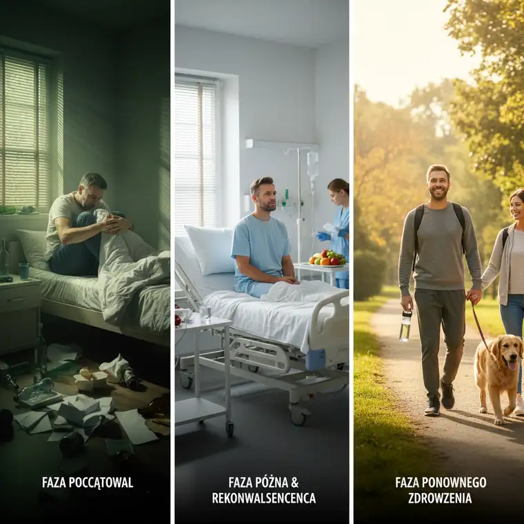 Kobieta po detoksykacji z alkoholu odpoczywa, pije wodę i dba o nawodnienie, wspierając regenerację organizmu po odstawieniu alkoholu