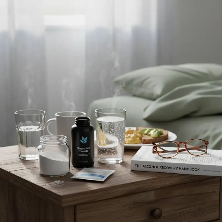 Szklanka wody z rozpuszczonym magnezem po alkoholu stoi przy łóżku, jako element wieczornej profilaktyki przeciwkacowej