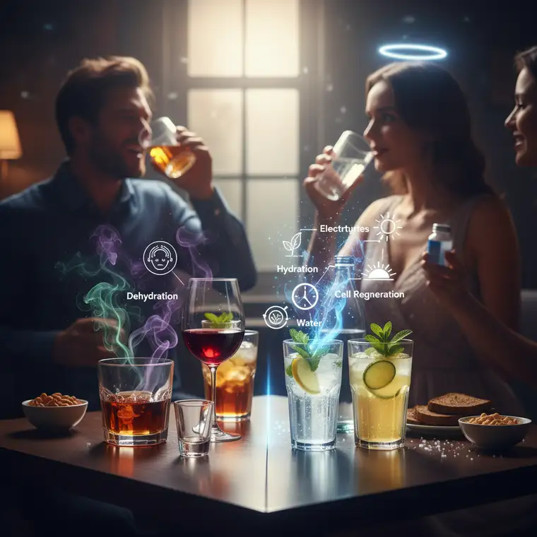 Stół z wodą mineralną, elektrolitami i przekąskami pokazuje, że picie wody podczas imprezy zapobiega kacowi tylko jako element szerszej strategii