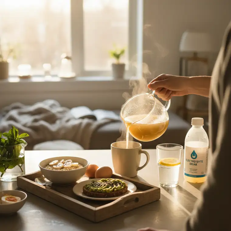 Śniadanie na kaca: owsianka, jajka, banan i woda na stole – ilustracja co jeść i kiedy najlepiej zjeść po pijanym wieczorze, aby szybciej dojść do siebie