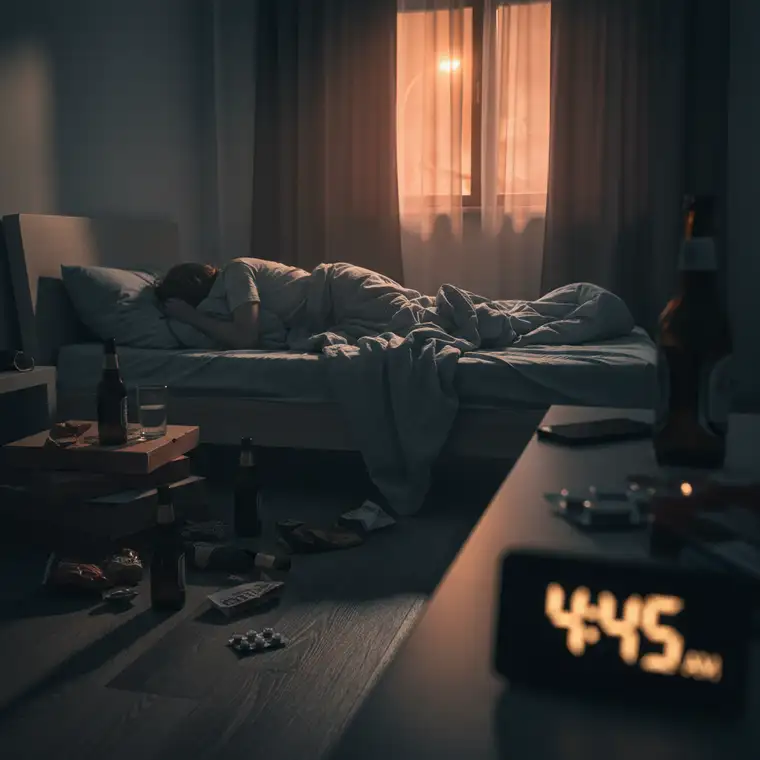 Kobieta leżąca w ciemnym pokoju z bólem głowy, nad nią symboliczna grafika mózgu – pokazuje wpływ alkoholu i braku snu na kac i funkcje poznawcze