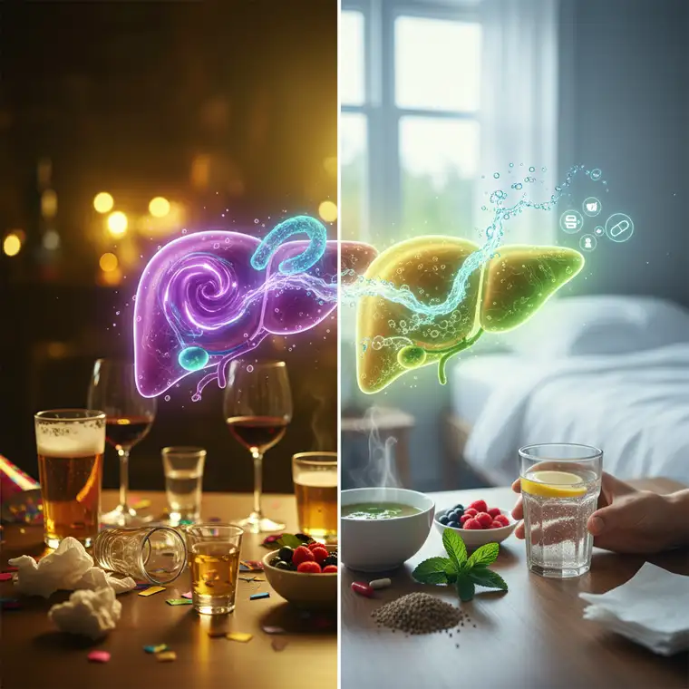 Ilustracja regenerującej się wątroby po alkoholu, pokazująca proces detoksykacji i wpływ zdrowej diety na czas pozostawania alkoholu w wątrobie