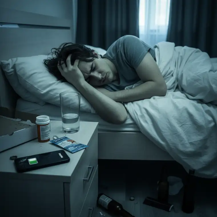 Śniadanie na kaca: woda, lekki posiłek i tabletki z elektrolitami na stole, osoba z porannymi nudnościami po alkoholu próbuje wrócić do równowagi