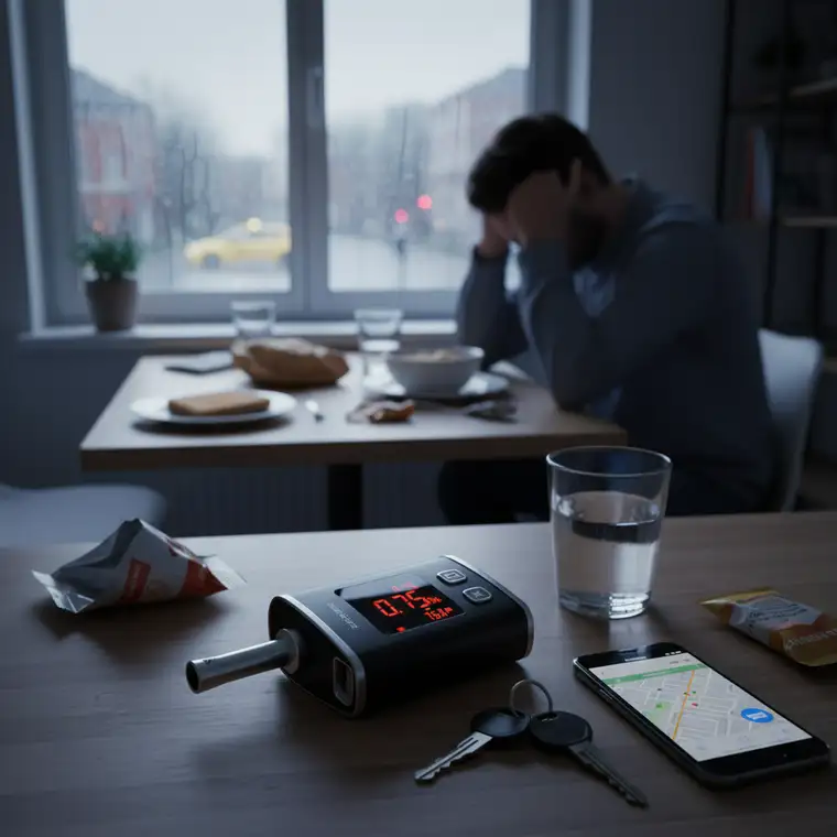 Kierowca sprawdza, kiedy może prowadzić po alkoholu, analizując wynik na alkomacie i porównując go z polskim limitem 0,2 promila