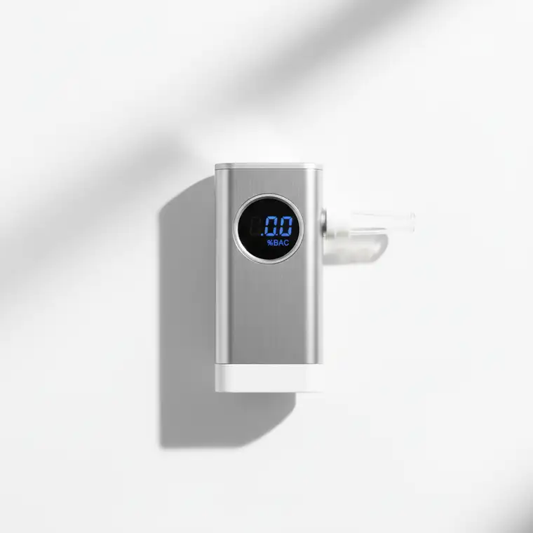 Mężczyzna po pijańskim wieczorze zastanawia się, kiedy może bezpiecznie prowadzić samochód i sprawdza trzeźwość alkomatem