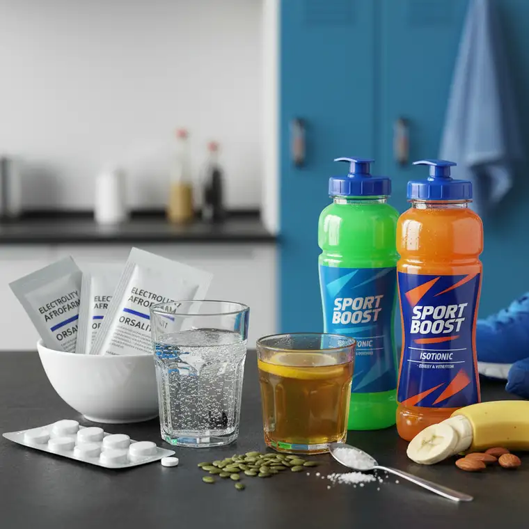 Butelka napoju izotonicznego i saszetki z elektrolitami z apteki, wybór najlepszego nawadniania w zależności od sytuacji