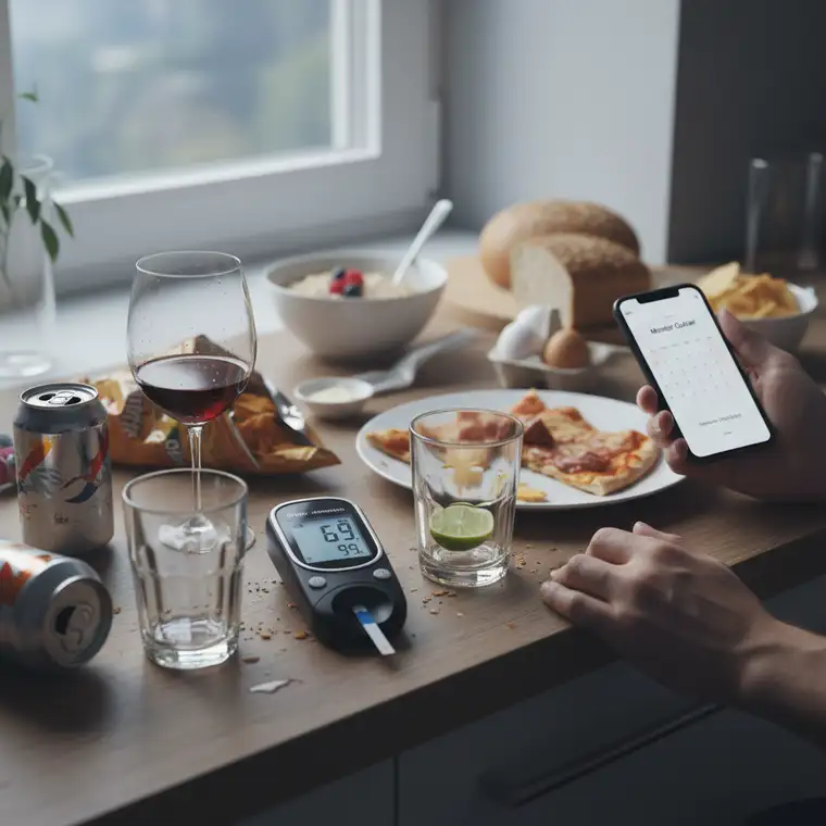 Schemat pokazujący różne rodzaje alkoholu i ich wpływ na wahania poziomu cukru we krwi przed snem i następnego dnia rano