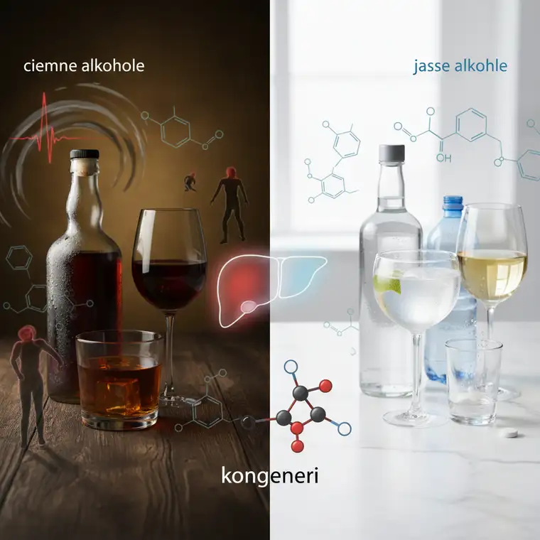 Infografika o kacu po ciemnych alkoholach, pokazująca działanie kongenerów i różnice między whisky, rumem a wódką