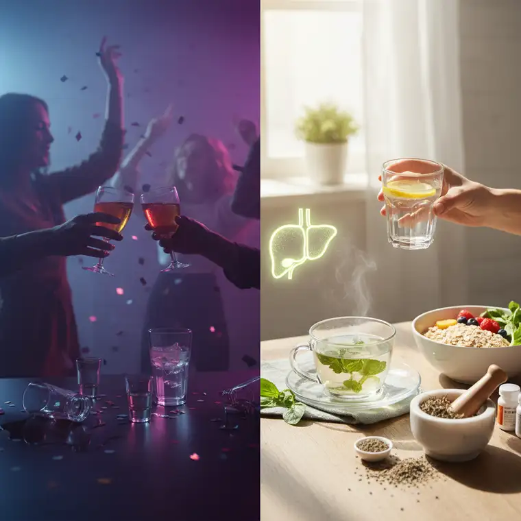 Zdrowe produkty wspierające regenerację wątroby po alkoholu – warzywa, zioła i woda na kuchennym blacie, tematycznie jak długo regeneruje się wątroba po weekendowej imprezie
