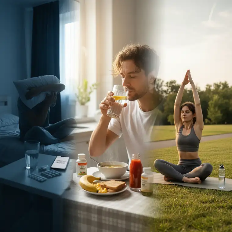 Kobieta odpoczywa po ciężkim kacu na kanapie z butelką wody, planując powrót do treningu i regenerację organizmu po alkoholu