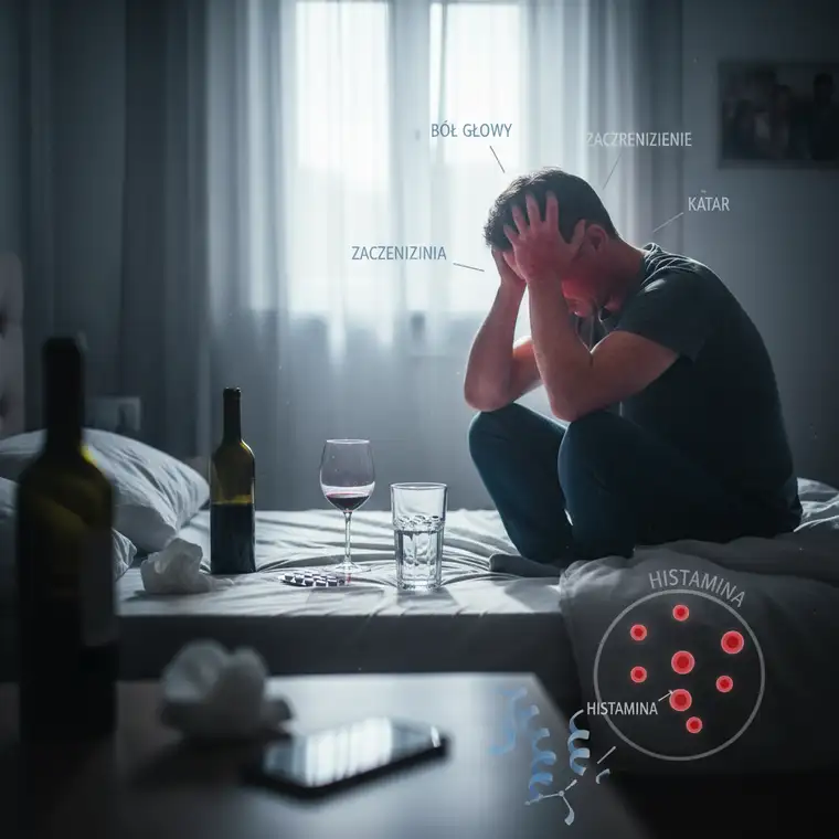 Kieliszki czerwonego wina i piwa obok tabletek, ilustrujące związek histaminy w alkoholu z bólem głowy, migreną i nietolerancją histaminy