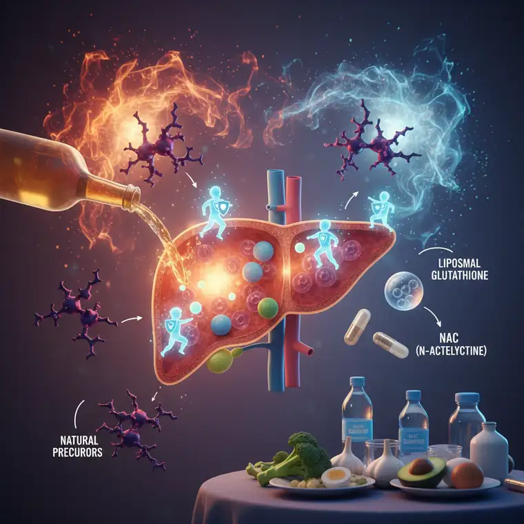 Schemat wątroby podczas detoksu alkoholowego, z zaznaczonym działaniem glutationu i zmniejszeniem stresu oksydacyjnego po spożyciu alkoholu