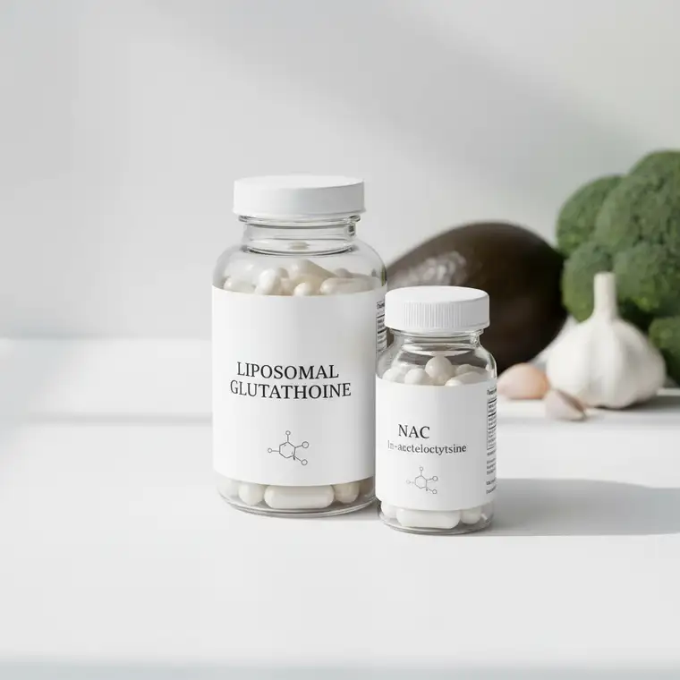 Grafika przedstawiająca organizm podczas detoksu alkoholowego, z zaznaczoną wątrobą i rolą glutationu w redukcji skutków picia alkoholu