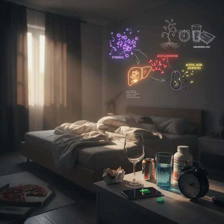 Ilustracja mitochondriów i komórek wątroby, pokazująca jak kwas octowy w organizmie powoduje zmęczenie po alkoholu poprzez obciążenie energii