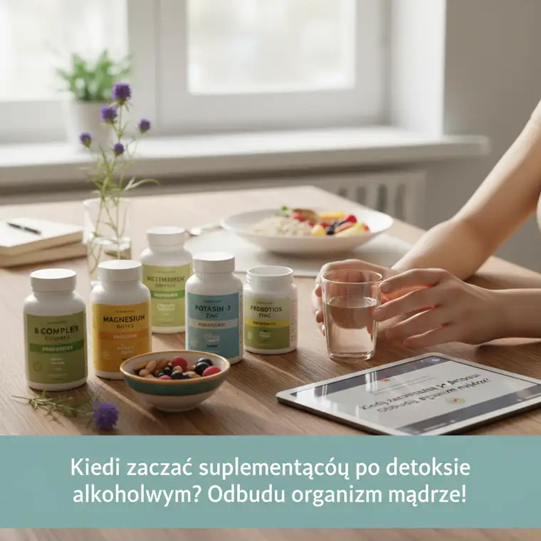 Zdrowe suplementy, warzywa i probiotyki na stole jako element planu, kiedy zacząć suplementację po detoksie alkoholowym i odbudowie jelit