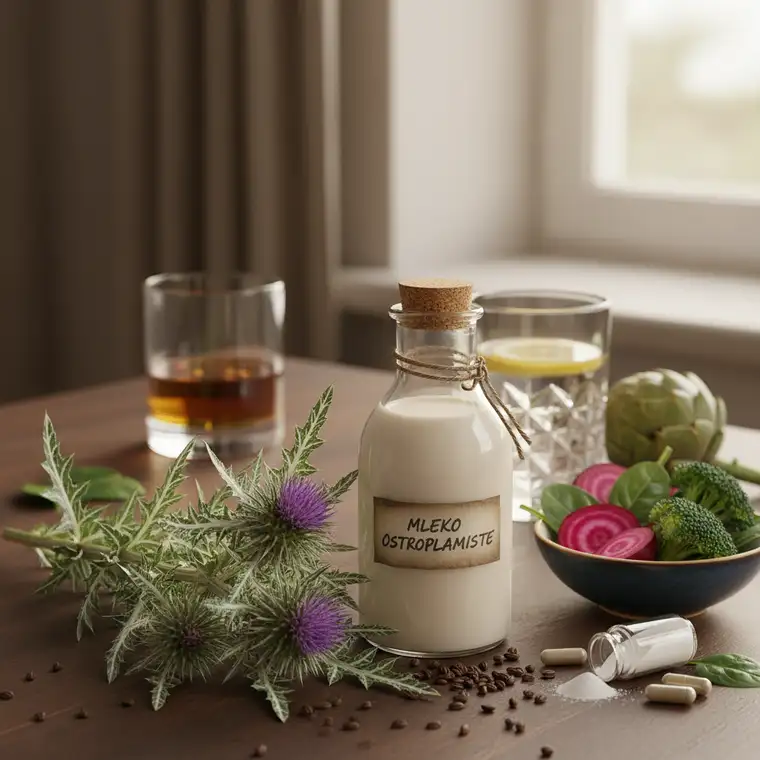 Mleko ostroplamiste w szklance obok kieliszka alkoholu, symbol profilaktyki wątroby i ostropestu plamistego