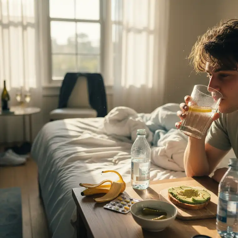 Ilustracja osoby odczuwającej kaca z bólem głowy, symbole wątroby i nawodnienia, pokazująca kiedy poziom acetaldehydu wraca do normy po imprezie