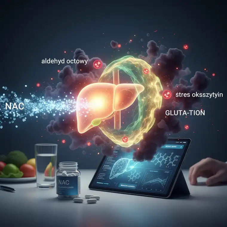 Grafika przedstawiająca wątrobę, kapsułkę NAC i schemat detoksykacji alkoholu poprzez glutation w organizmie