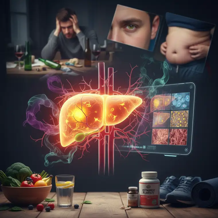 Ilustracja porównująca zdrową i uszkodzoną przez alkohol wątrobę, pokazująca stłuszczenie, zapalenie i marskość jako konsekwencje przekraczania zdolności metabolizowania alkoholu