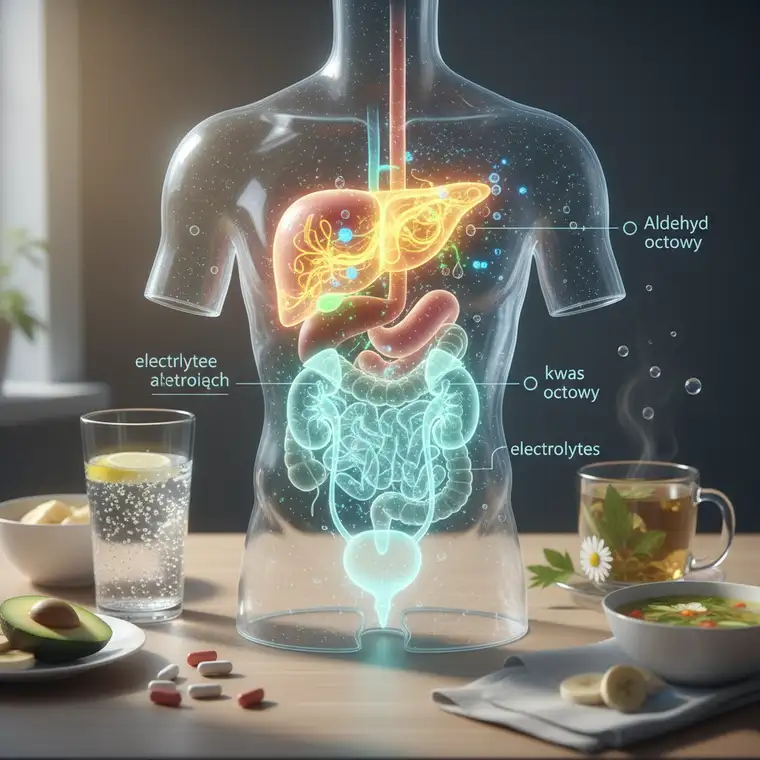 Ilustracja pokazująca wpływ alkoholu na nerki, odwodnienie oraz proces regeneracji organizmu po piciu alkoholu i pracy nerek