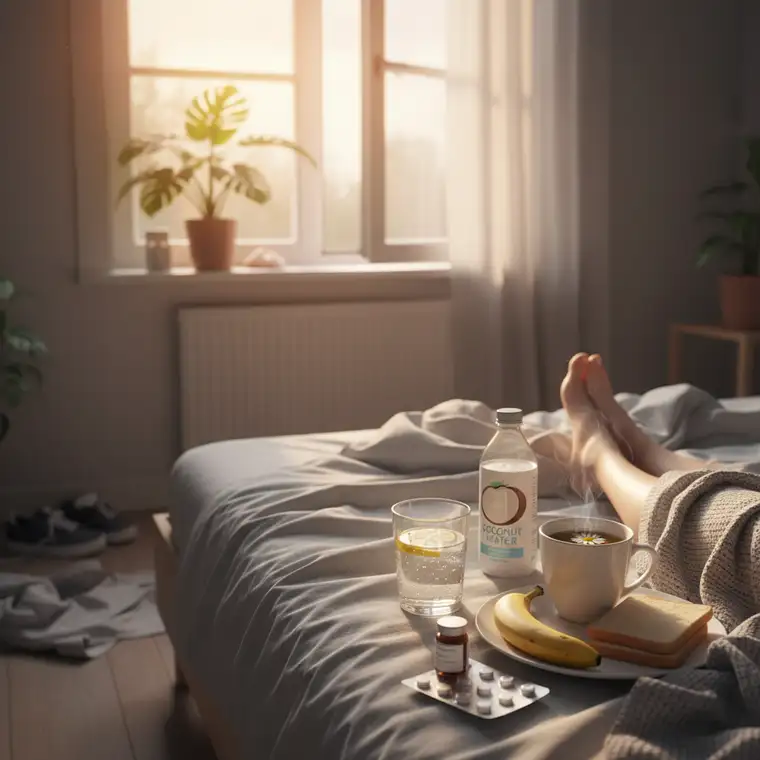 Kobieta jedząca lekkie śniadanie i pijąca wodę po ciężkim kacu, stopniowy powrót apetytu i regeneracja organizmu