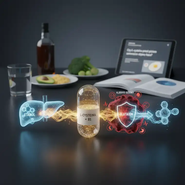 Zbliżenie na kapsułki z L-cysteiną i szklankę alkoholu, ilustrujące suplementację przed piciem w celu zmniejszenia objawów kaca i wsparcia wątroby