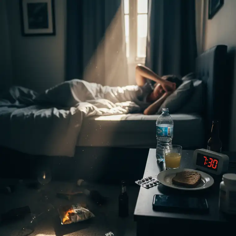 Infografika pokazująca objawy hangxiety: lęk, kołatanie serca i mgłę mózgową związane z wysokim kortyzolem po alkoholu