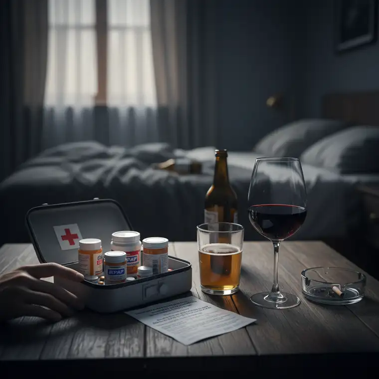 Osoba leży w łóżku z bólem głowy po alkoholu, trzyma szklankę wody i zastanawia się, kiedy wziąć lek przeciwbólowy po piciu