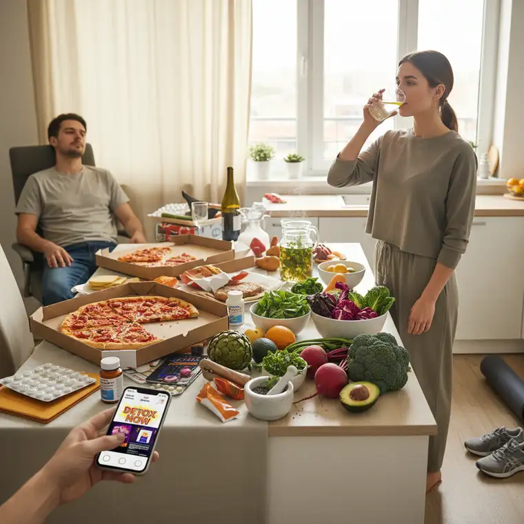 Zbilansowany posiłek z warzywami i wodą na stole, pokazujący zdrowe nawyki wspierające domową detoksykację wątroby po świętach na co dzień