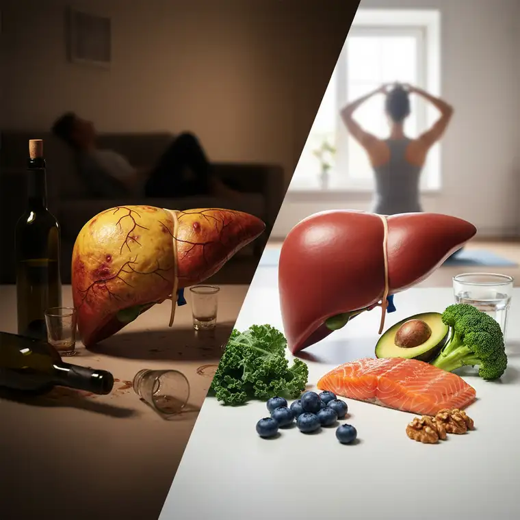 Ilustracja pokazująca zdrową i uszkodzoną wątrobę oraz etapy regeneracji po miesiącu intensywnego picia alkoholu