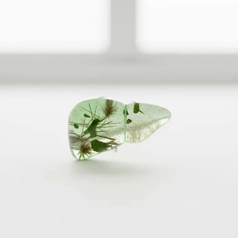 Schematiczne przedstawienie wątroby podczas regeneracji po miesiącu intensywnego picia alkoholu, podkreślający jej zdolności naprawcze