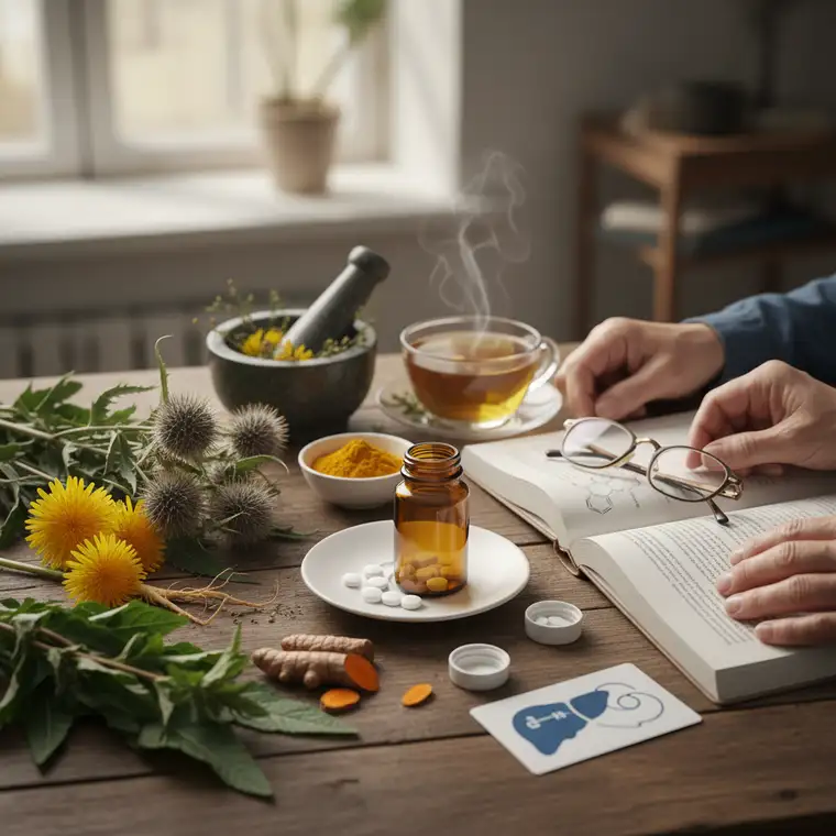 Zioła na wątrobę, tabletki ze statyną i wyniki badań krwi, symbolizujące możliwe interakcje między ziołami a lekami na cholesterol po 50. roku życia