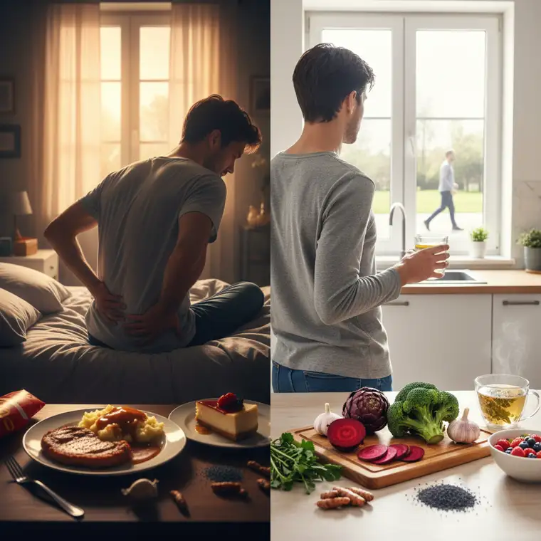 Infografika pokazująca styl życia wspierający wątrobę: lekkostrawną kolację, ruch, nawodnienie i unikanie tłustych potraw na noc