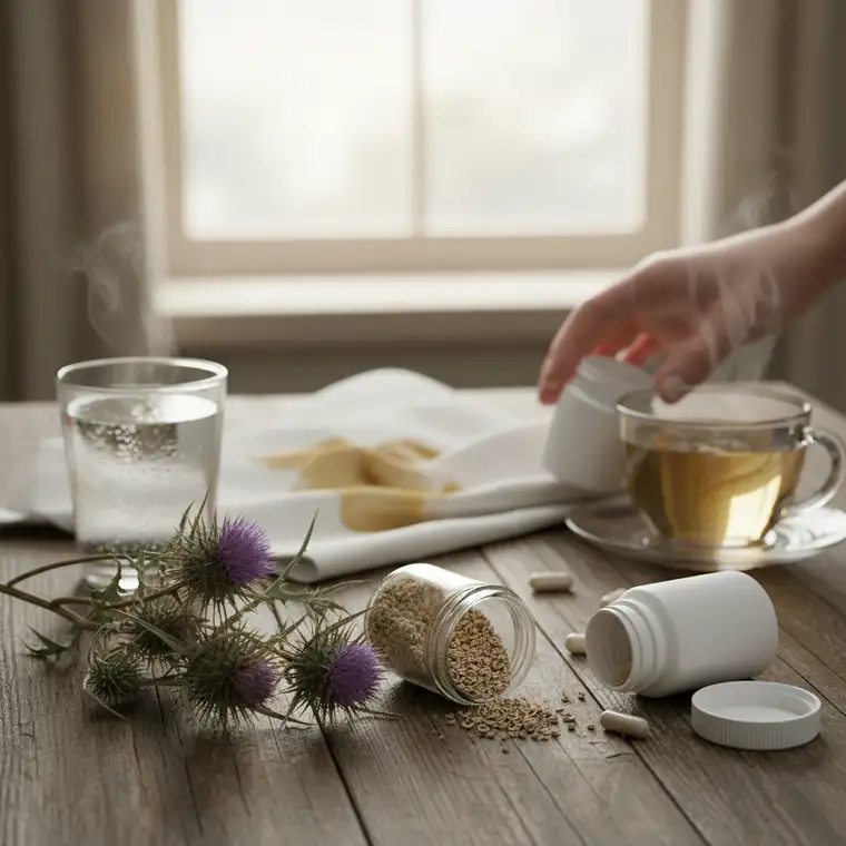Osoba trzymająca się za brzuch siedząca przy stole z suplementem z ostropestu plamistego, ilustrująca moment decyzji o przerwaniu kuracji przy biegunkach