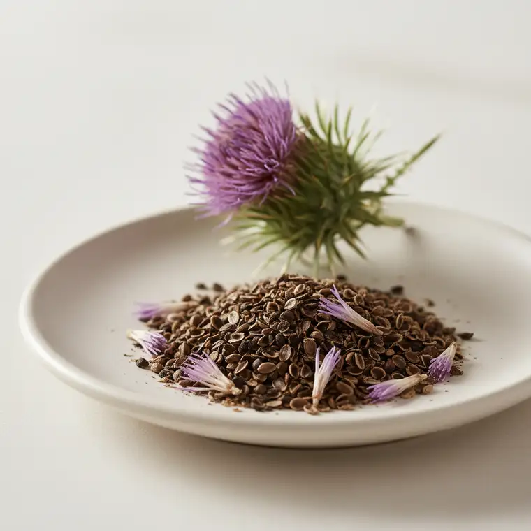 Zbliżenie na nasiona ostropestu plamistego i filiżankę naparu, symbolizujące kurację wspierającą wątrobę i układ trawienny oraz moment, kiedy ją przerwać przy biegunkach