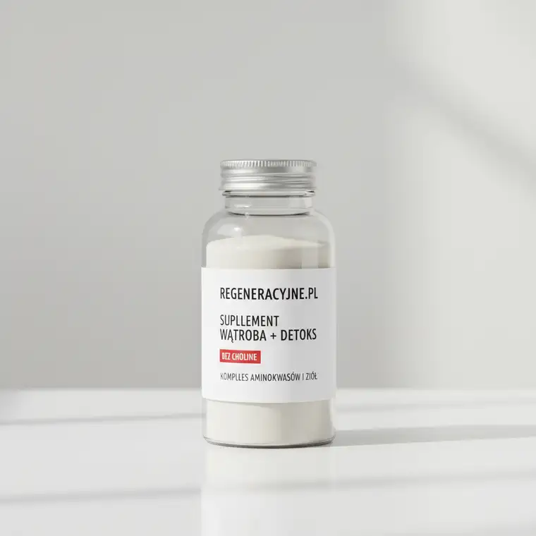 Kobieta trzyma suplement na wątrobę i doświadcza objawów nietolerancji na cholinę, zastanawiając się jak obejść problem choliny