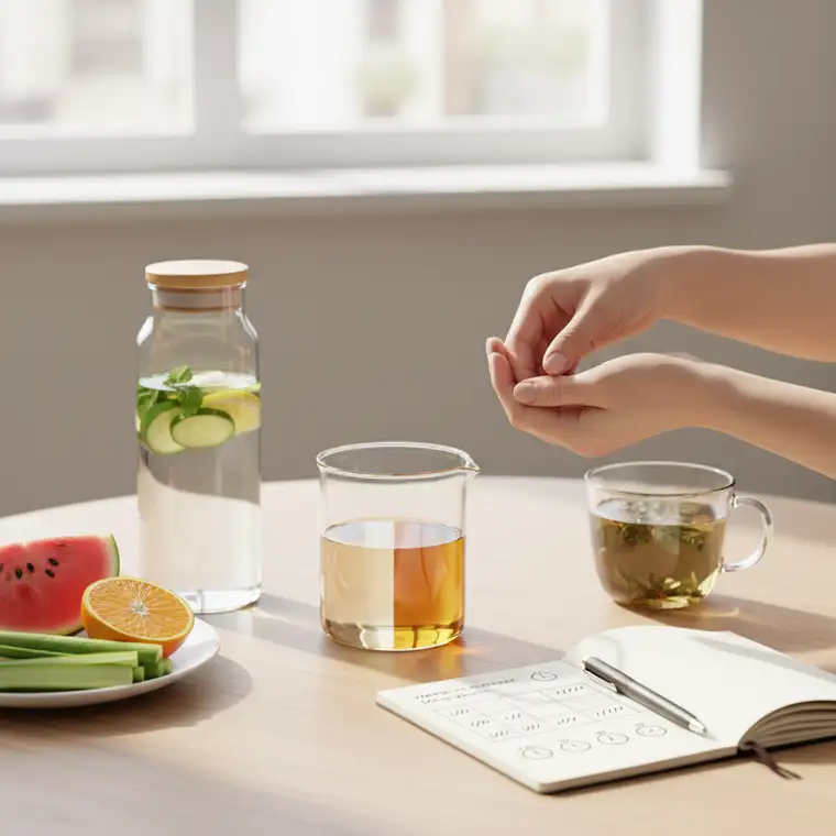Kobieta trzymająca butelkę wody i obserwująca kolor moczu – praktyczny domowy test nawodnienia przed rozpoczęciem detoksu