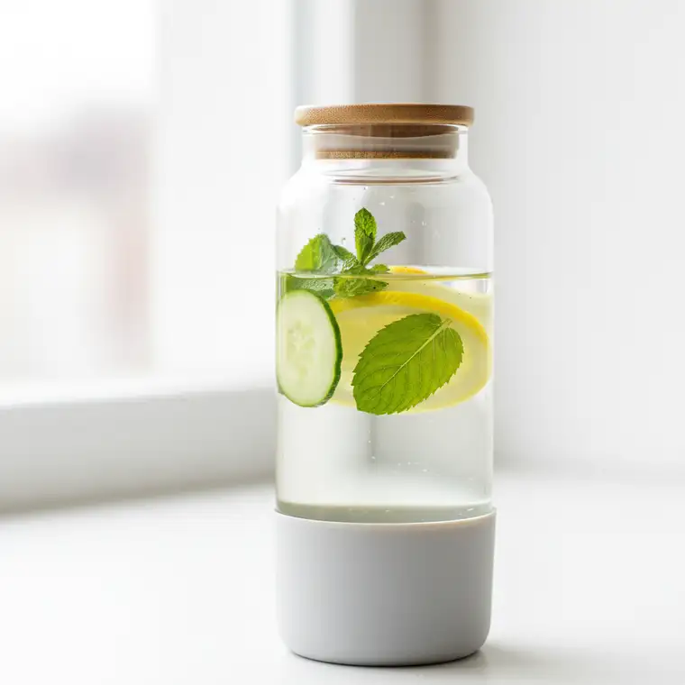 Szklanka wody, owoce i notatnik na blacie kuchennym – domowy monitoring nawodnienia organizmu przed detoksem