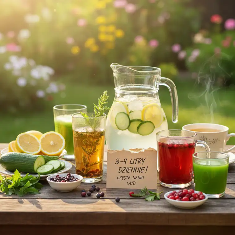 Butelka wody i ziołowe napary pokazujące, ile wody dziennie pić przy 7-dniowej kuracji oczyszczającej nerki w lecie dla zdrowego nawodnienia