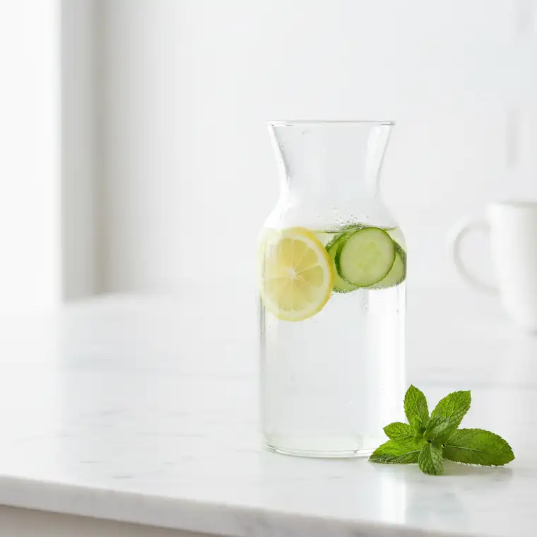 Szklanka wody z cytryną na letnim stole ilustrująca, ile wody dziennie pić przy 7-dniowej kuracji oczyszczającej nerki w lecie