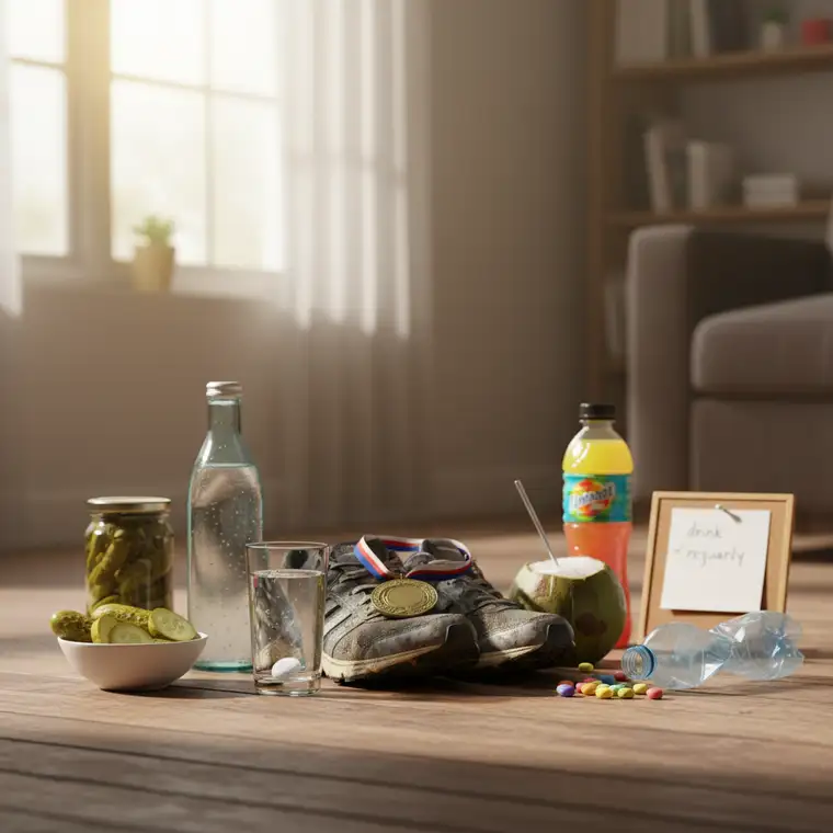 Zestaw naturalnych źródeł elektrolitów po maratonie: woda kokosowa, domowy izotonik, kiszonki i warzywa wspierające detoks