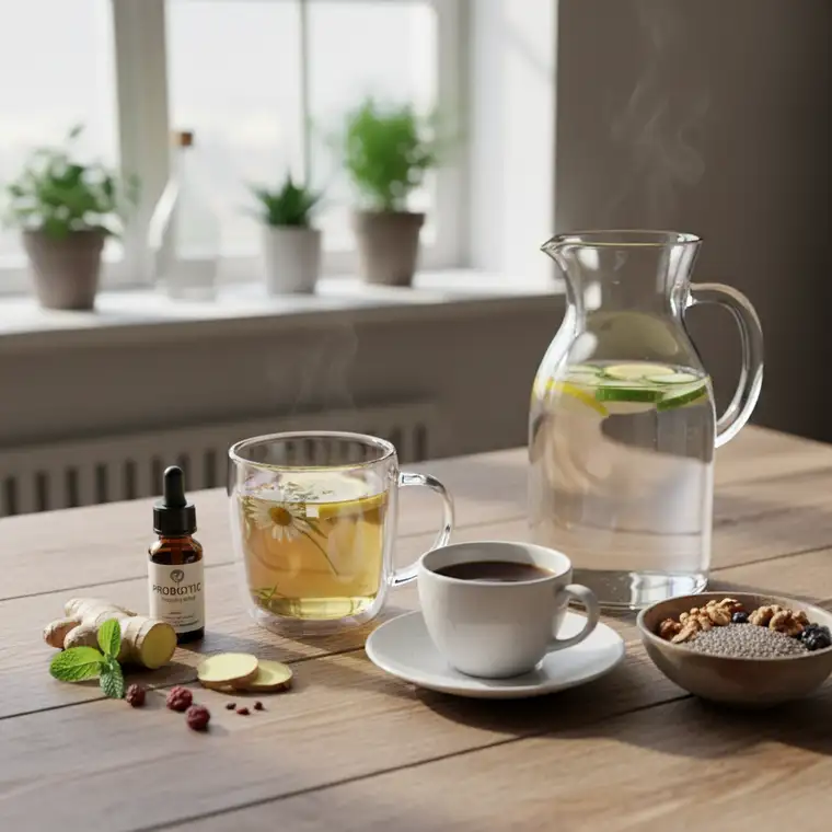 Kubek kawy zbożowej i ziołowe napary na kuchennym blacie – alternatywy dla osób zastanawiających się, czy można pić kawę przy oczyszczaniu organizmu po antybiotykoterapii u dorosłych