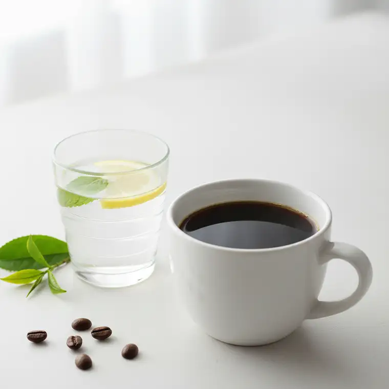 Szklanka kawy na stole, obok probiotycznych produktów spożywczych – symbol dylematu, czy można pić kawę przy oczyszczaniu organizmu po antybiotykoterapii u dorosłych