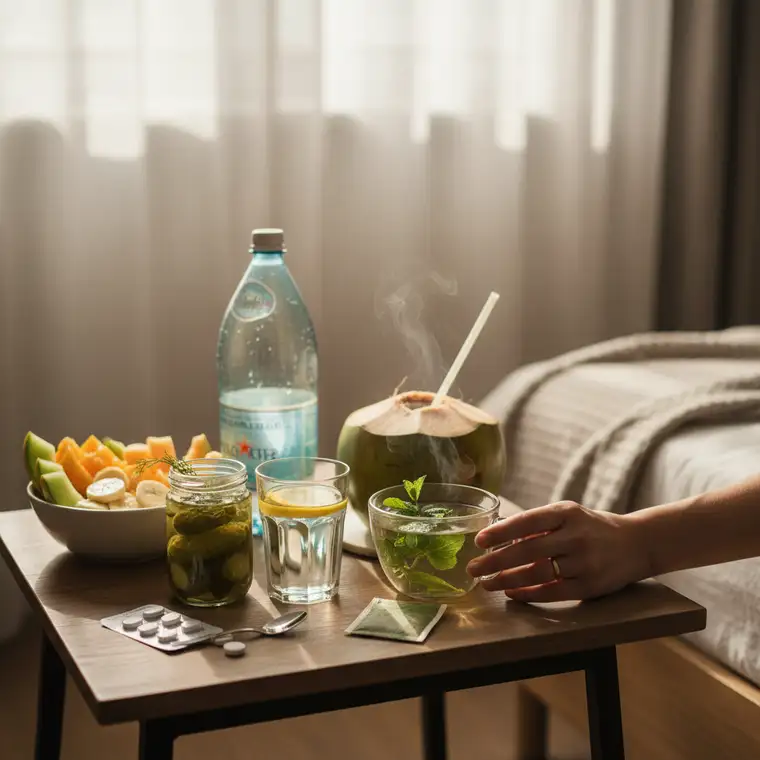 Osoba pijąca elektrolity i ziołową herbatę po całonocnej imprezie, nawodnienie organizmu i wsparcie wątroby w detoksykacji alkoholu