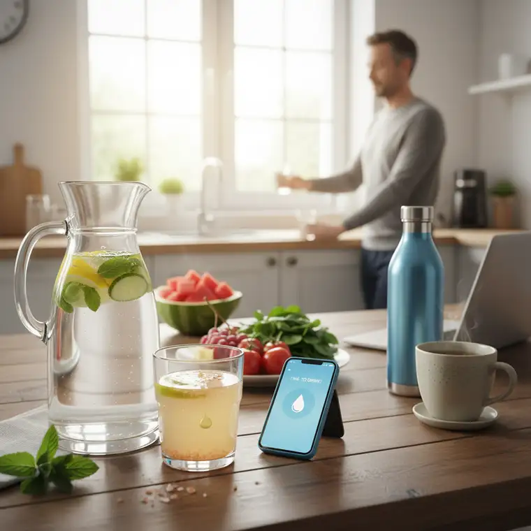 Mężczyzna i kobieta po 40. roku życia ćwiczący z butelkami wody, ilustrujący nawadnianie, elektrolity i zmiany organizmu po czterdziestce