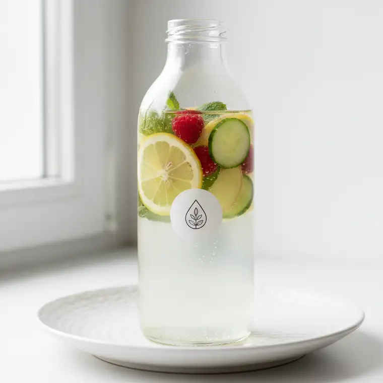 Kobieta po 40. roku życia pijąca wodę z cytryną, symbole elektrolitów i nawadniania organizmu dla zdrowia i energii po czterdziestce