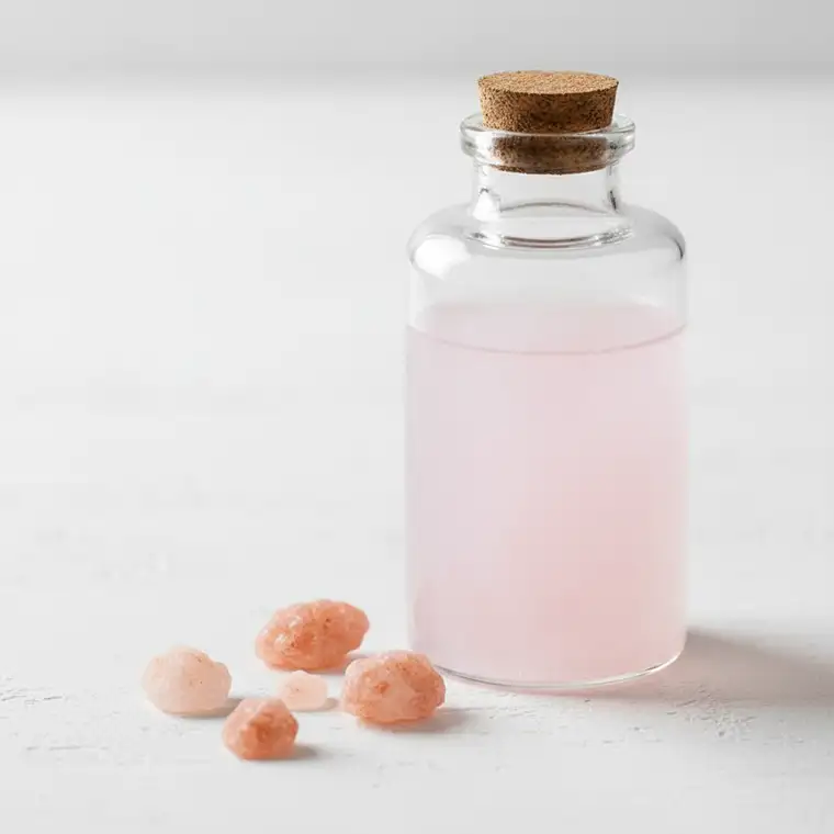 Szklanka wody z solą himalajską na stole, obok kryształki soli; ilustracja pokazuje, kiedy przerwać kurację, aby nie przeciążyć nerek i zadbać o równowagę elektrolitową